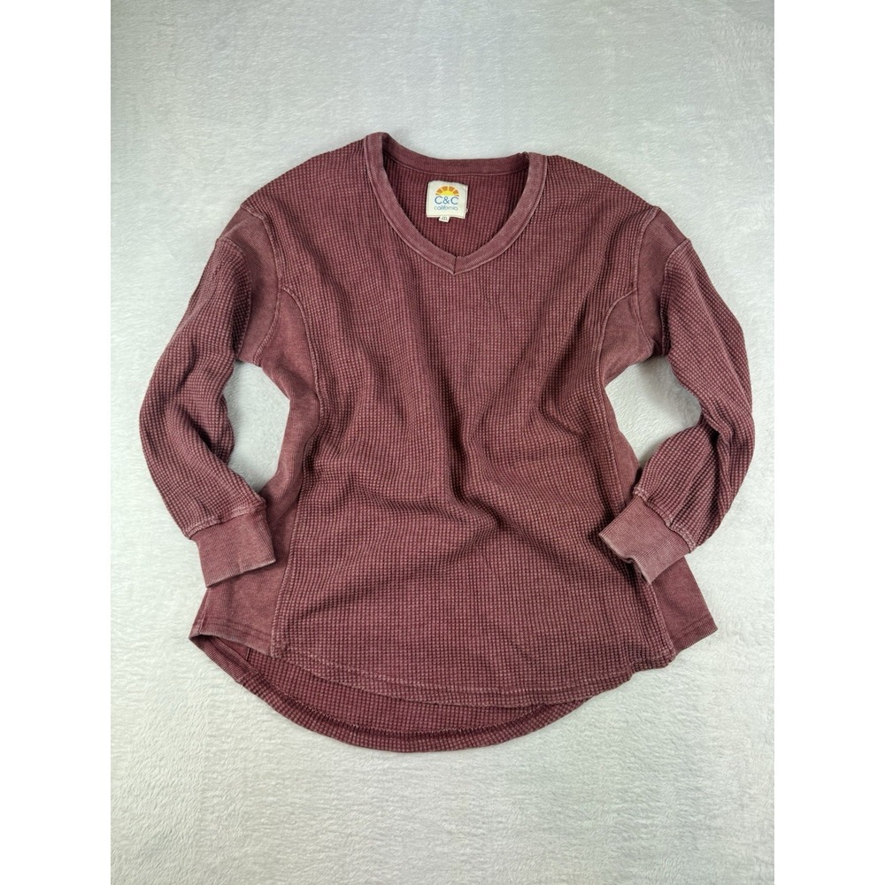 C& C Calfornia Womens Top M Waffleknit Long Sleeve V-neck Collarless Comfort